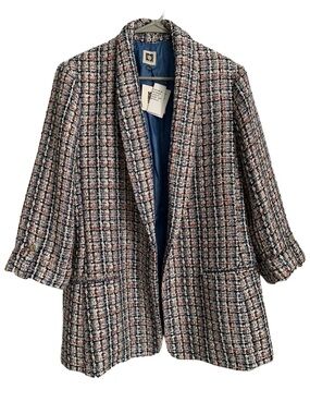 ANNE KLEIN Women’s 3/4 Cuffed Sleeve Lined Open Front Long Tweed Blazer Size: XL